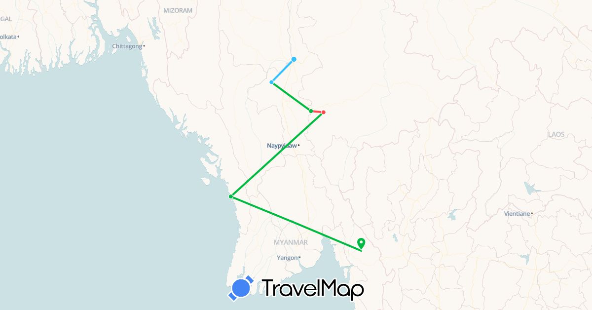 TravelMap itinerary: bus, hiking, boat in Myanmar (Burma) (Asia)