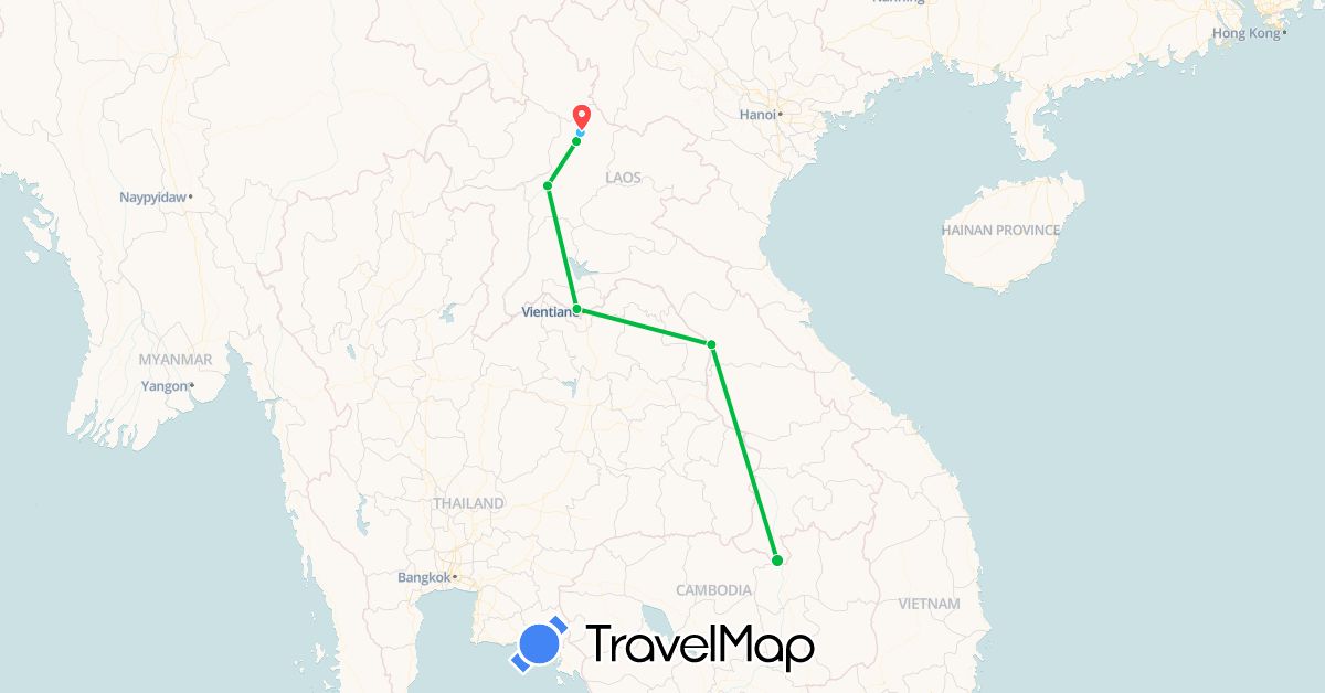 TravelMap itinerary: driving, bus, hiking, boat in Laos (Asia)