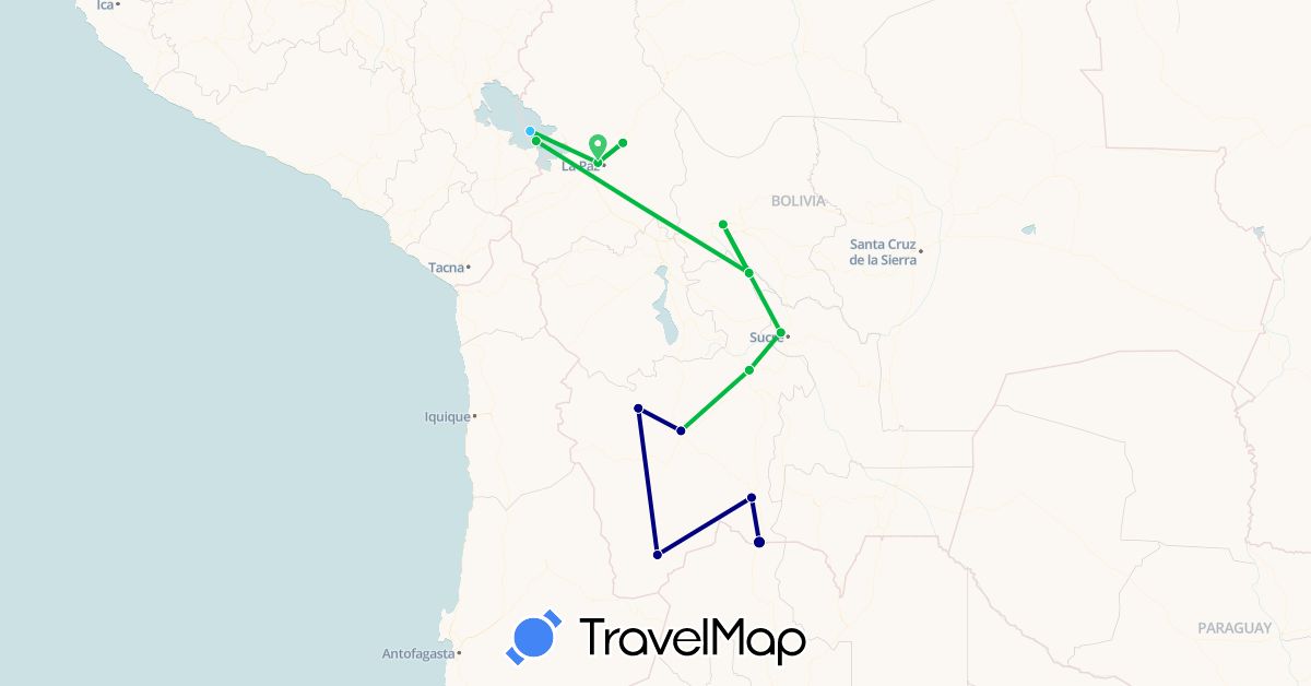 TravelMap itinerary: driving, bus, boat in Bolivia (South America)